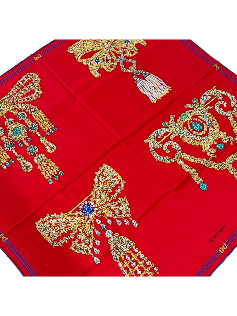 Cartier Scarf Red Yellow Gray Green Blue Multi Bijou Pattern Silk